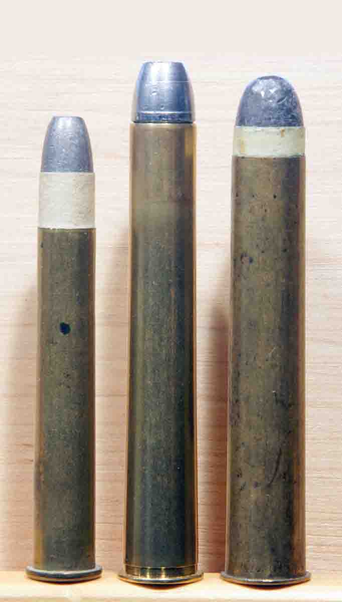 The .450 Express 31⁄4 Inch fits between the .40s, exemplified by the .40-70 Straight Sharps (left), and the .500 Express 31⁄4 Inch (right). The .45s were just right for the widest variety of uses.